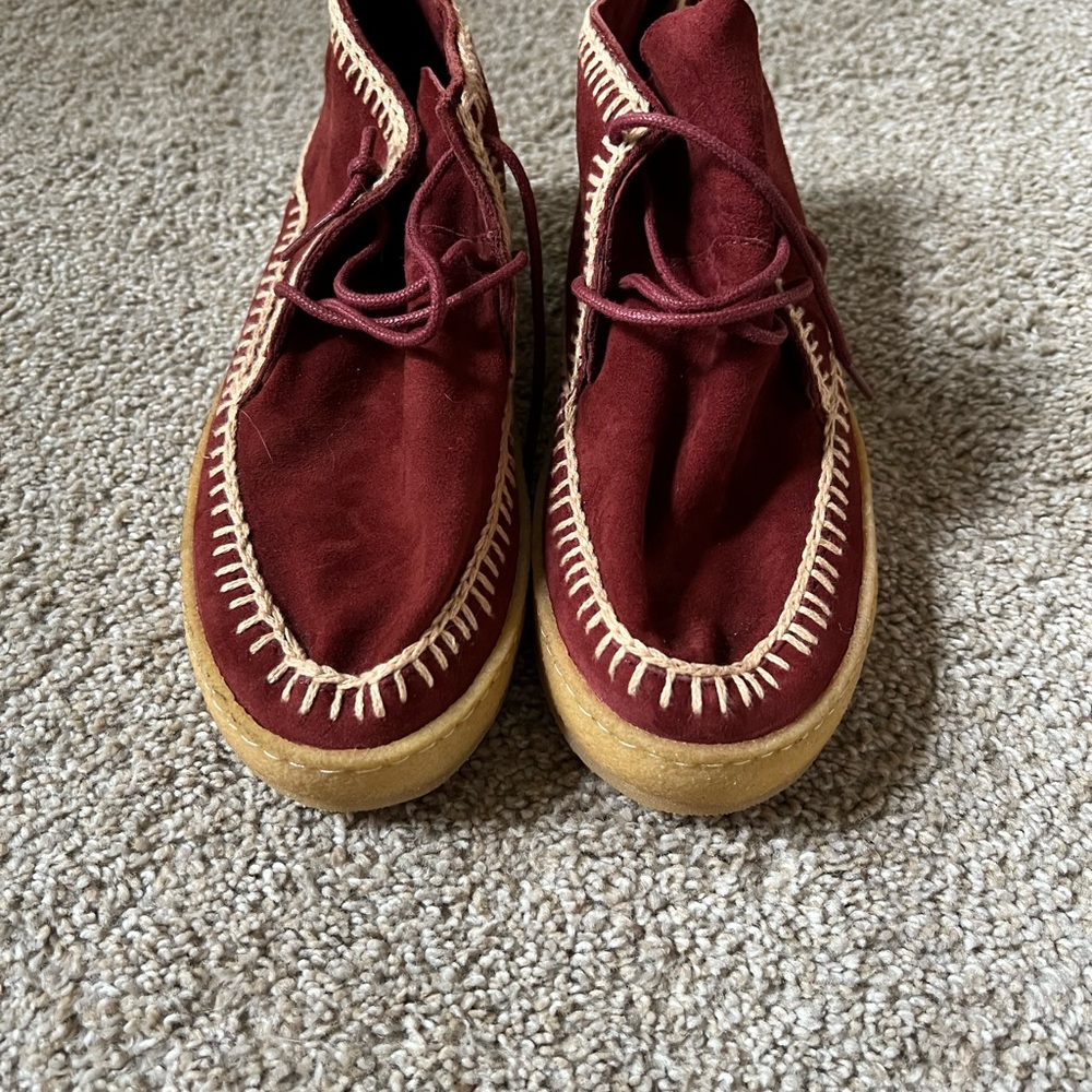Laidback London Burgundy Suede Moccasin Booties with Cream Stitching